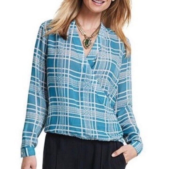 CAbi Windowpane‎ Plaid Print Surplice Faux Wrap Blouse Blue/White #3068 Size XS - Picture 1 of 6